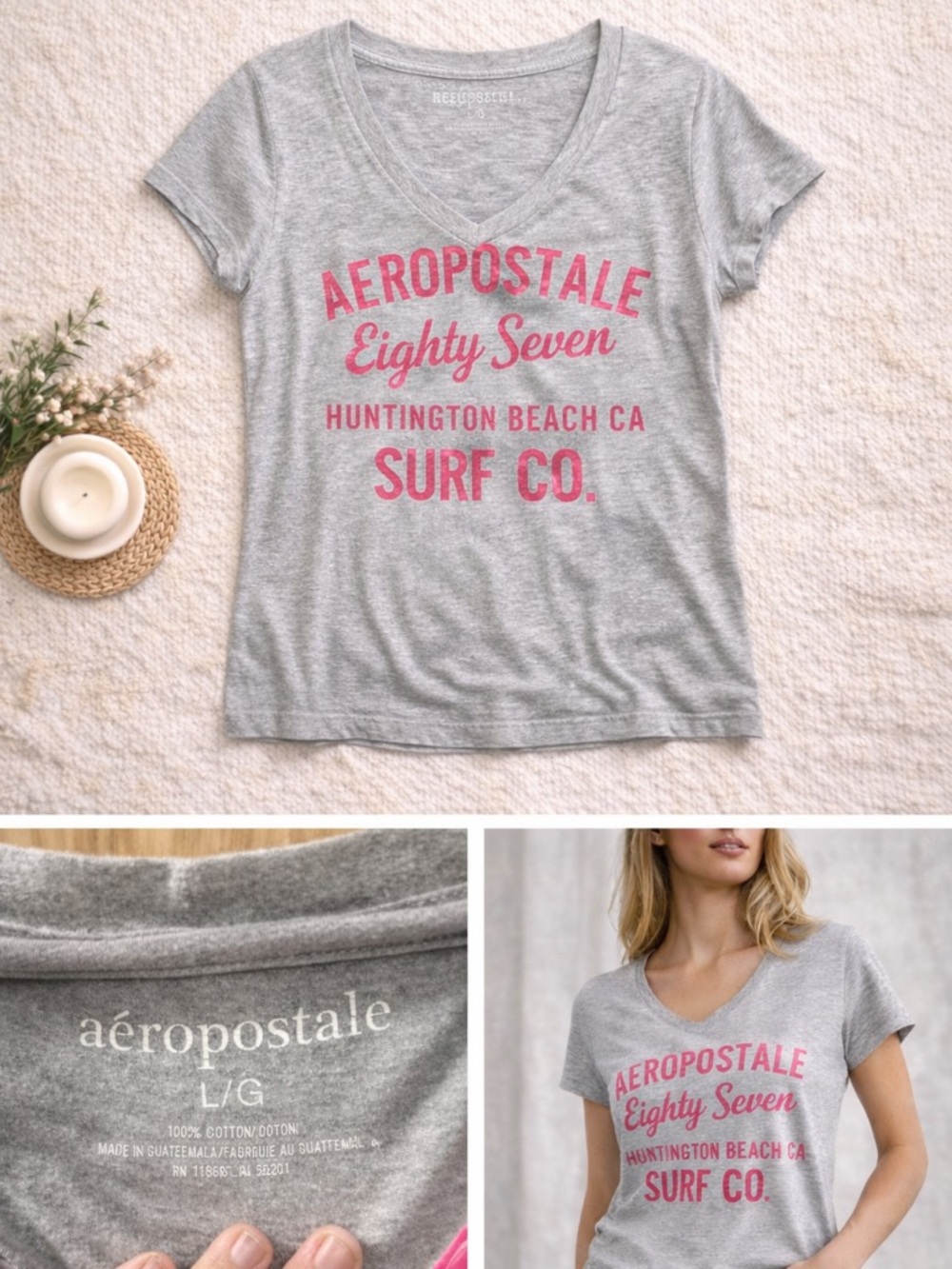 Aeropostale Gray V-Neck Tee with Pink Logo